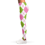 Pink Green And White Argyle Print Women's Leggings