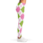 Pink Green And White Argyle Print Women's Leggings