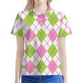 Pink Green And White Argyle Print Women's Polo Shirt