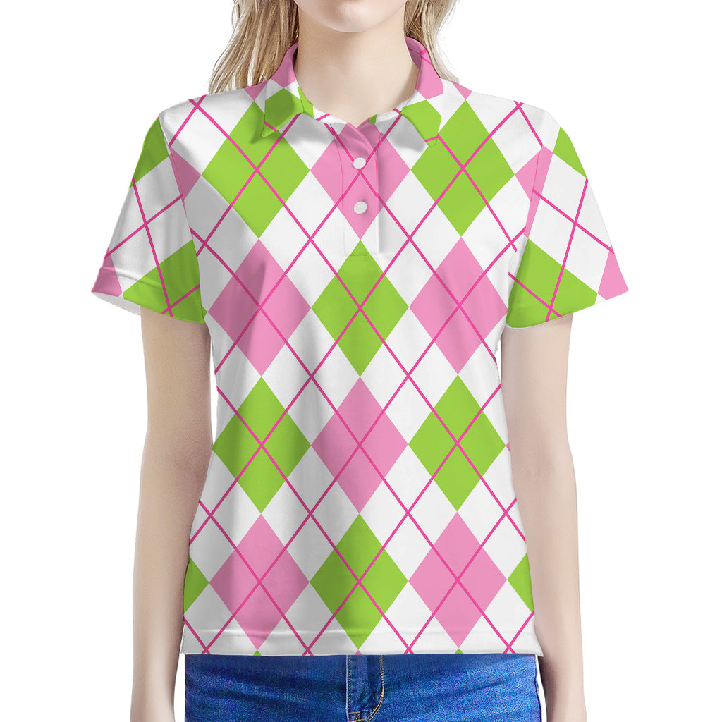Pink Green And White Argyle Print Women's Polo Shirt