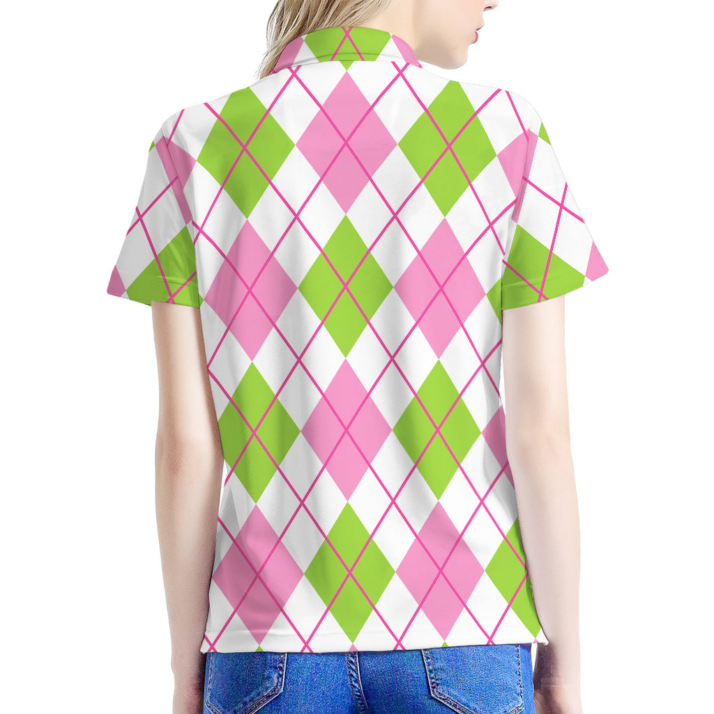 Pink Green And White Argyle Print Women's Polo Shirt