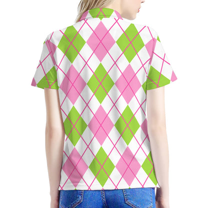 Pink Green And White Argyle Print Women's Polo Shirt