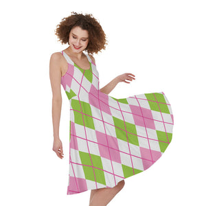 Pink Green And White Argyle Print Sleeveless Knee Length Dress