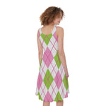 Pink Green And White Argyle Print Women's Sleeveless Dress