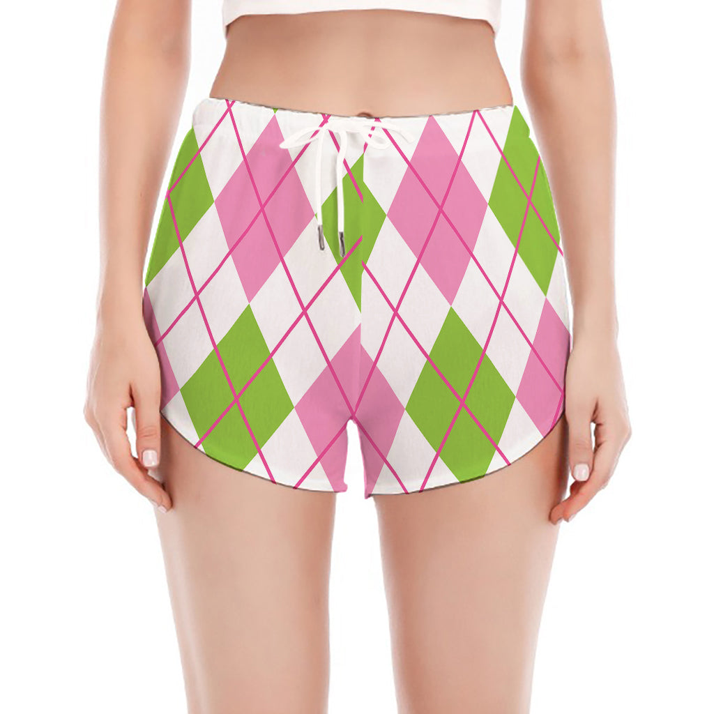 Pink Green And White Argyle Print Women's Split Running Shorts