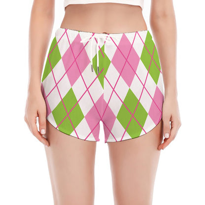 Pink Green And White Argyle Print Women's Split Running Shorts