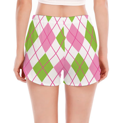 Pink Green And White Argyle Print Women's Split Running Shorts