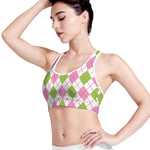 Pink Green And White Argyle Print Women's Sports Bra