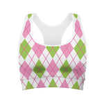 Pink Green And White Argyle Print Women's Sports Bra