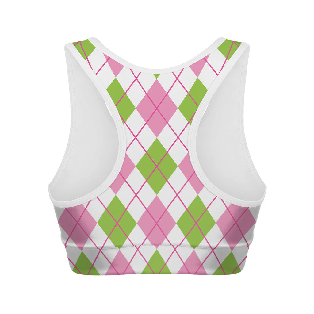 Pink Green And White Argyle Print Women's Sports Bra