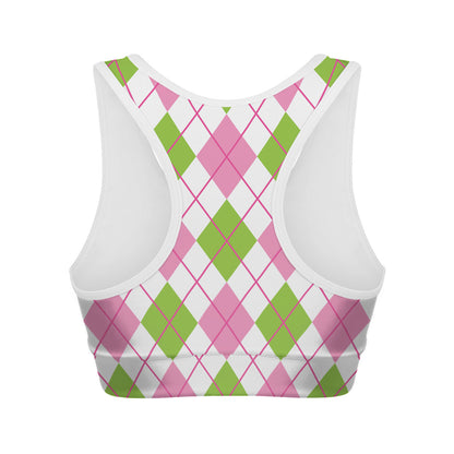 Pink Green And White Argyle Print Women's Sports Bra
