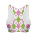 Pink Green And White Argyle Print Women's Sports Bra