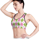 Pink Green And White Argyle Print Women's Sports Bra