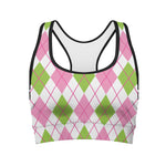 Pink Green And White Argyle Print Women's Sports Bra