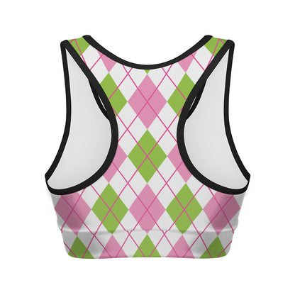 Pink Green And White Argyle Print Women's Sports Bra