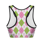 Pink Green And White Argyle Print Women's Sports Bra