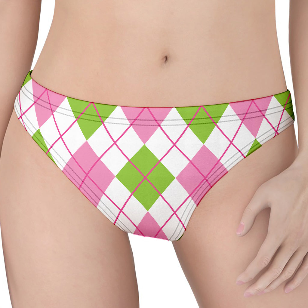 Pink Green And White Argyle Print Women's Thong