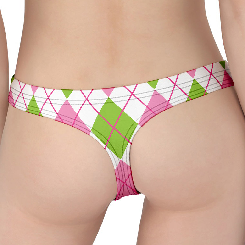 Pink Green And White Argyle Print Women's Thong