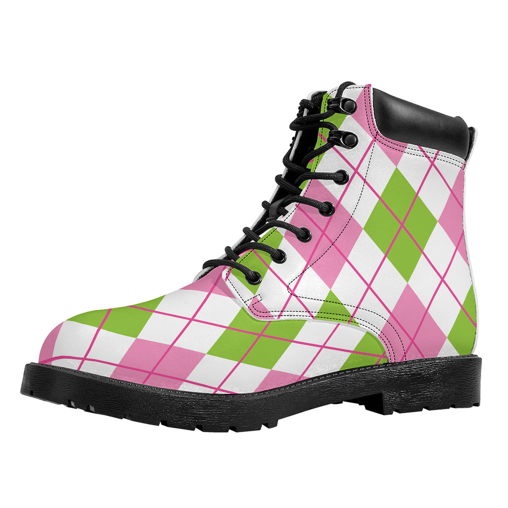 Pink Green And White Argyle Print Work Boots