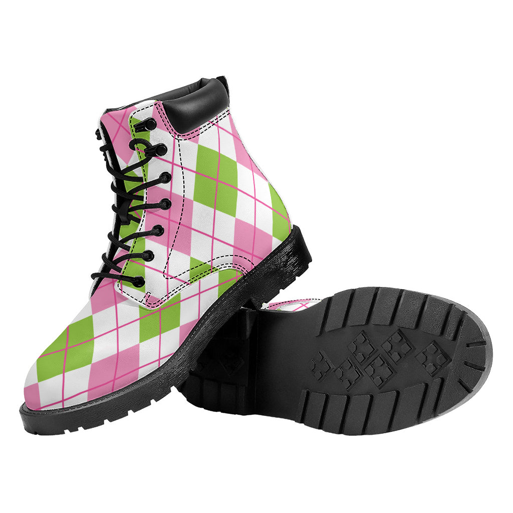 Pink Green And White Argyle Print Work Boots