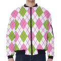 Pink Green And White Argyle Print Zip Sleeve Bomber Jacket