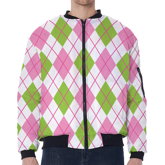 Pink Green And White Argyle Print Zip Sleeve Bomber Jacket