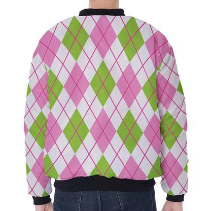 Pink Green And White Argyle Print Zip Sleeve Bomber Jacket