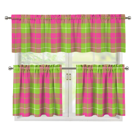 Pink Green And White Tartan Print 3 Piece Kitchen Curtains