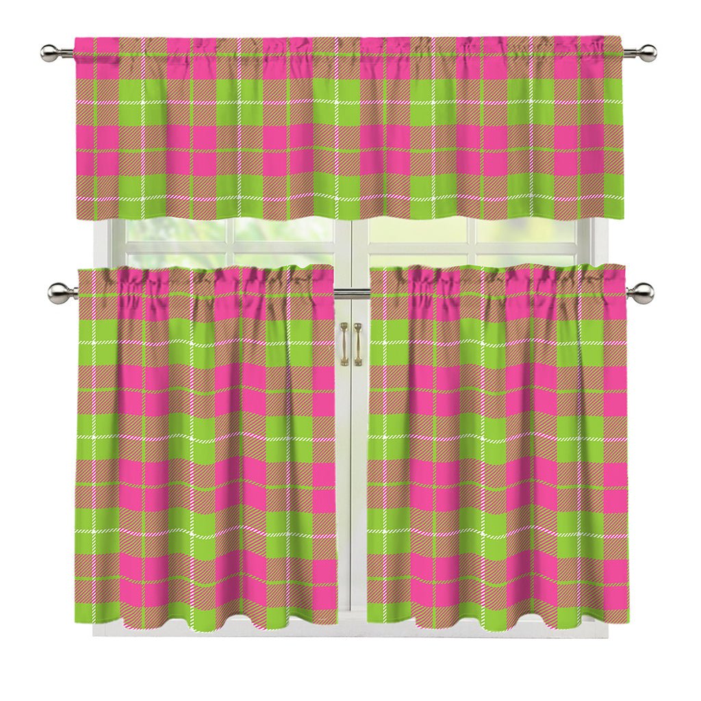 Pink Green And White Tartan Print 3 Piece Kitchen Curtains