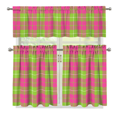 Pink Green And White Tartan Print 3 Piece Kitchen Curtains