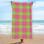 Pink Green And White Tartan Print Beach Towel