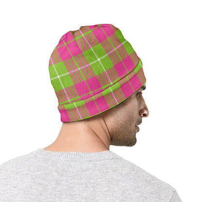 Pink Green And White Tartan Print Beanie