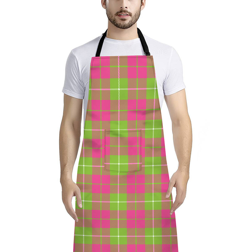 Pink Green And White Tartan Print Bib Apron With Pocket