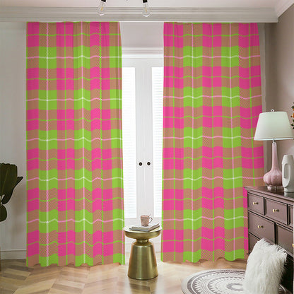 Pink Green And White Tartan Print Blackout Pencil Pleat Curtains