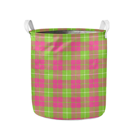 Pink Green And White Tartan Print Collapsible Laundry Basket