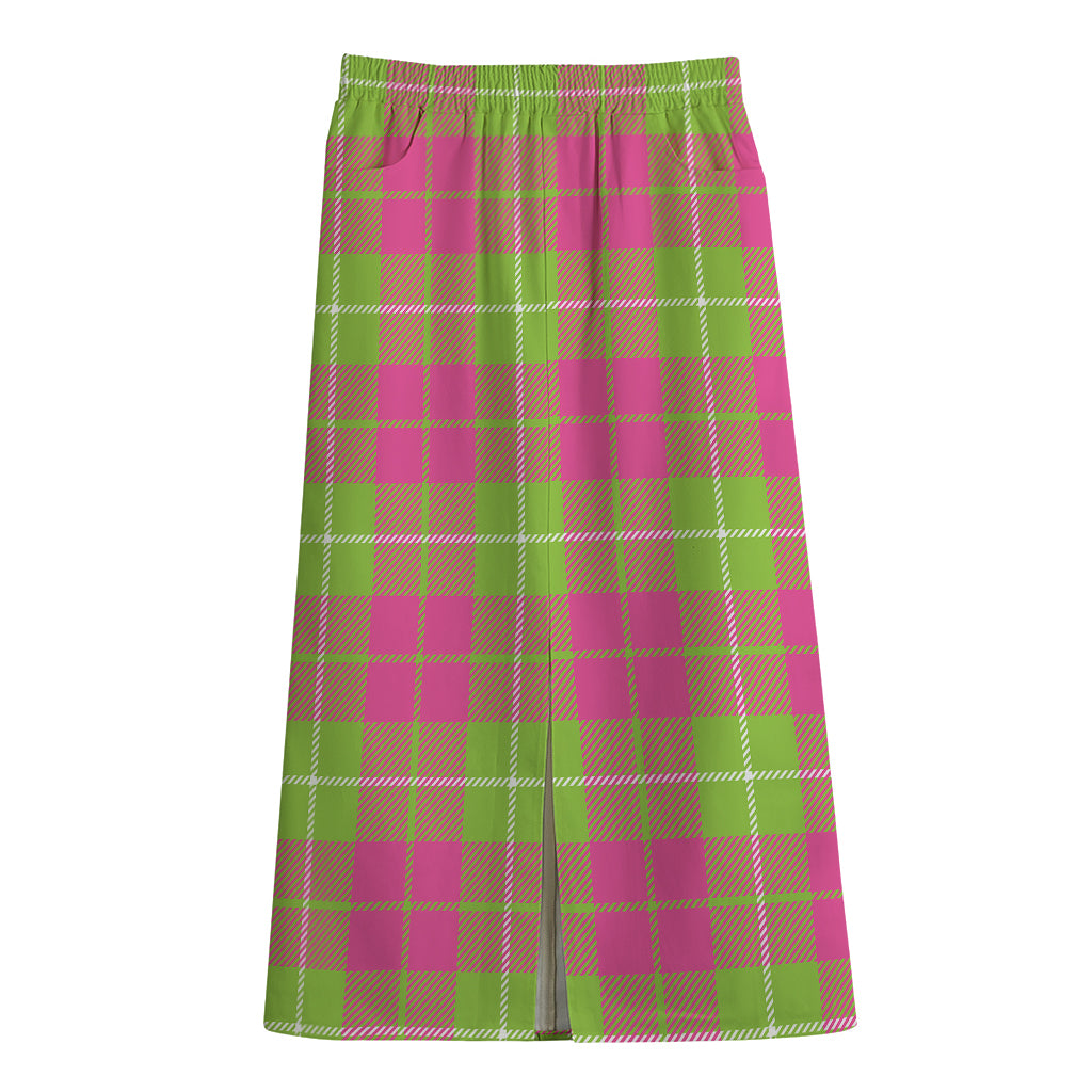 Pink Green And White Tartan Print Cotton Front Slit Maxi Skirt