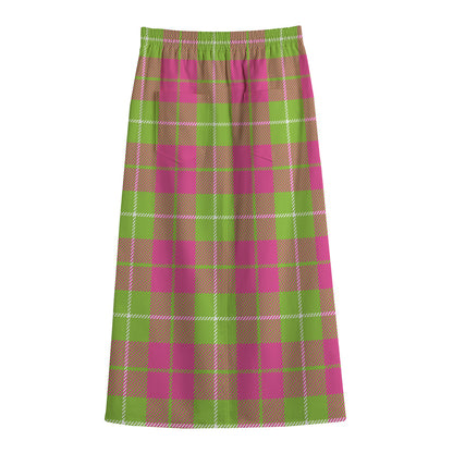 Pink Green And White Tartan Print Cotton Front Slit Maxi Skirt