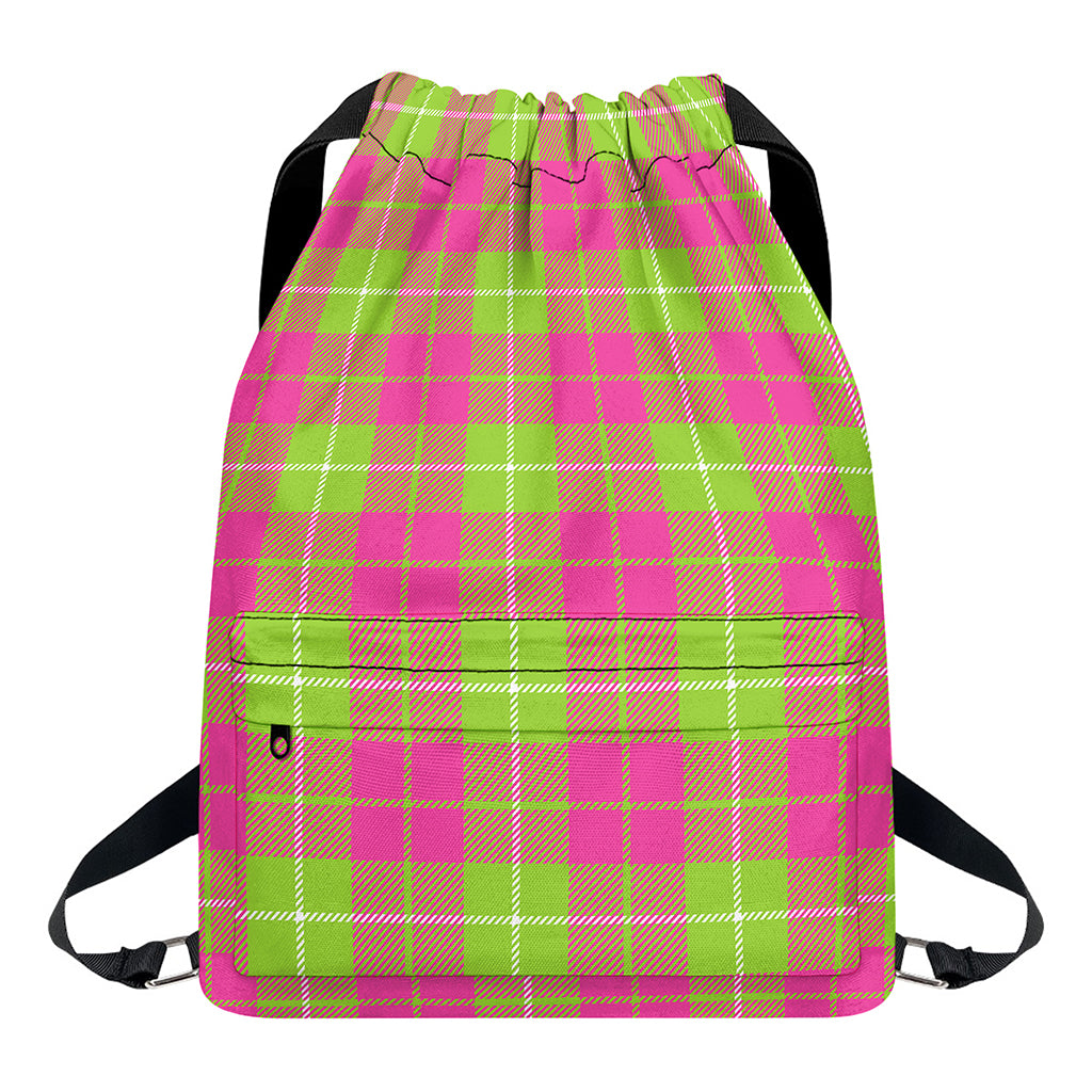 Pink Green And White Tartan Print Drawstring Backpack