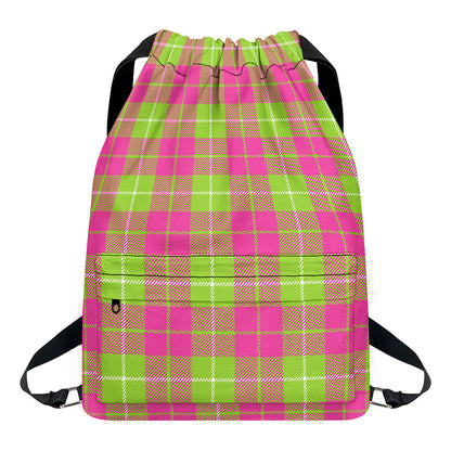 Pink Green And White Tartan Print Drawstring Backpack
