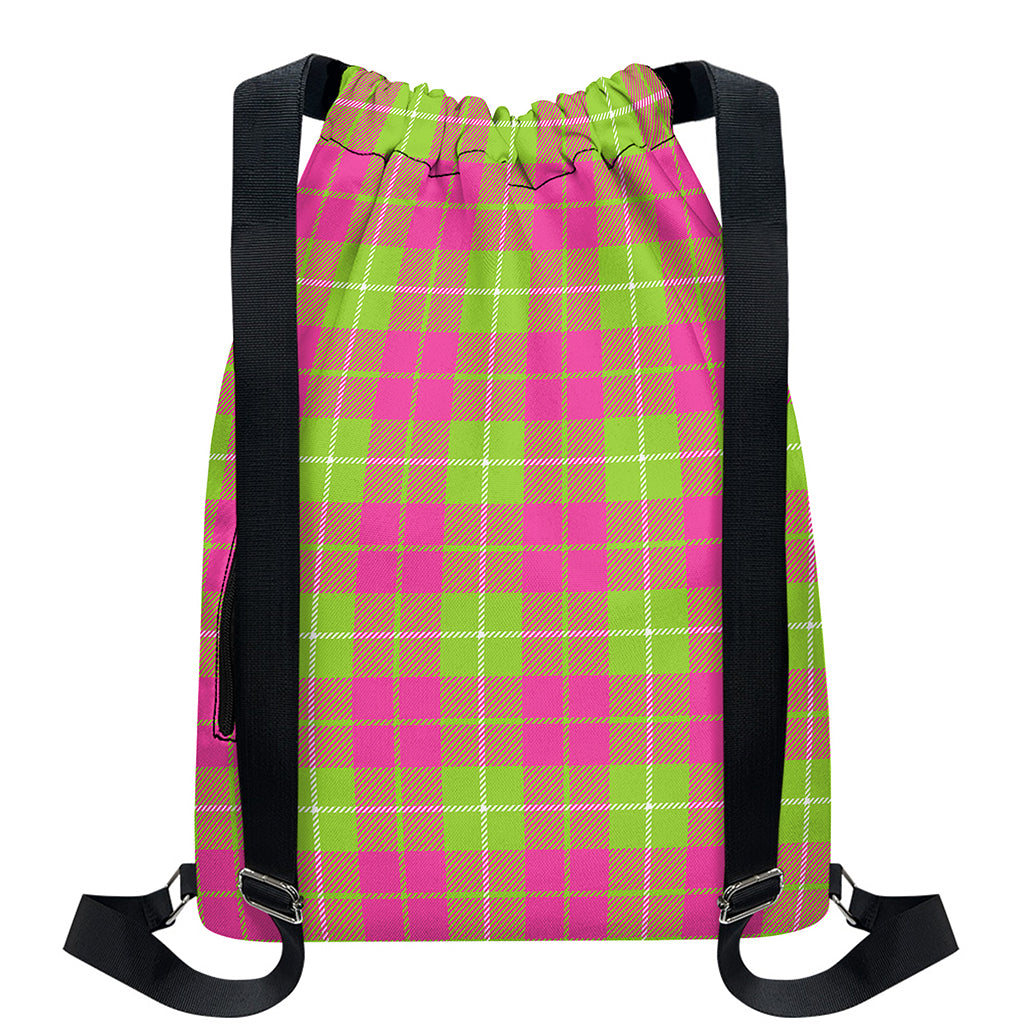 Pink Green And White Tartan Print Drawstring Backpack