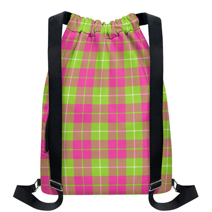 Pink Green And White Tartan Print Drawstring Backpack