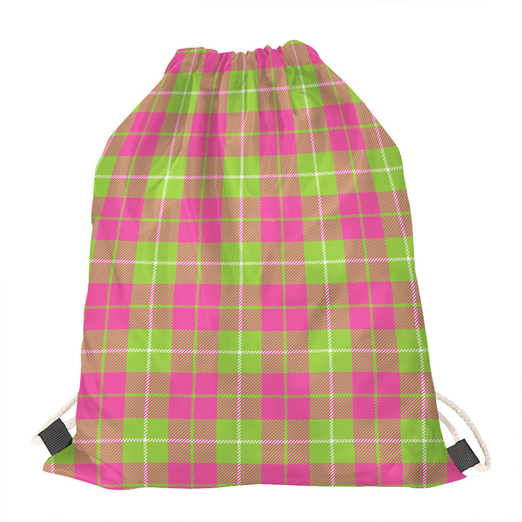 Pink Green And White Tartan Print Drawstring Bag