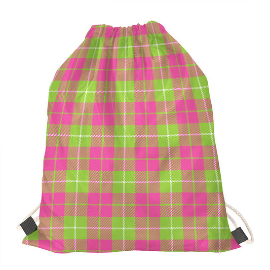 Pink Green And White Tartan Print Drawstring Bag