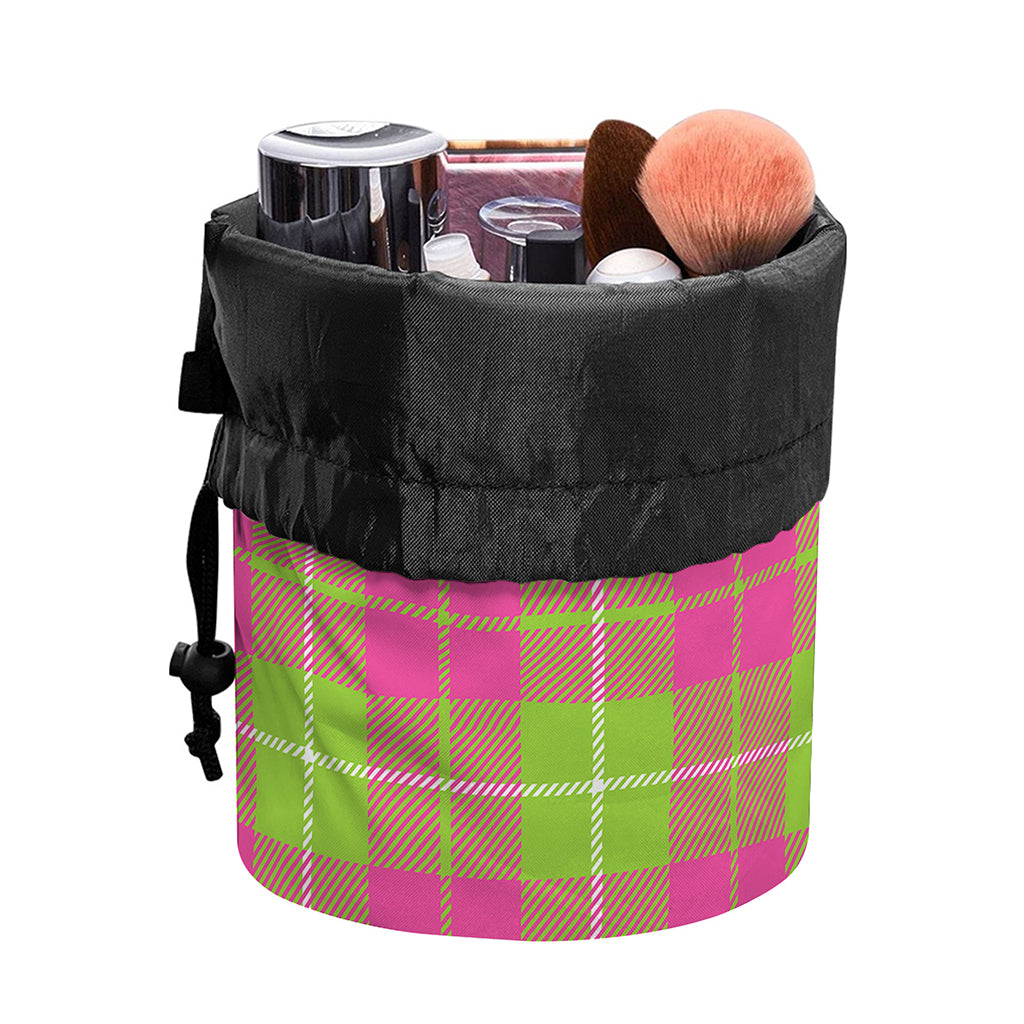 Pink Green And White Tartan Print Drawstring Makeup Bag