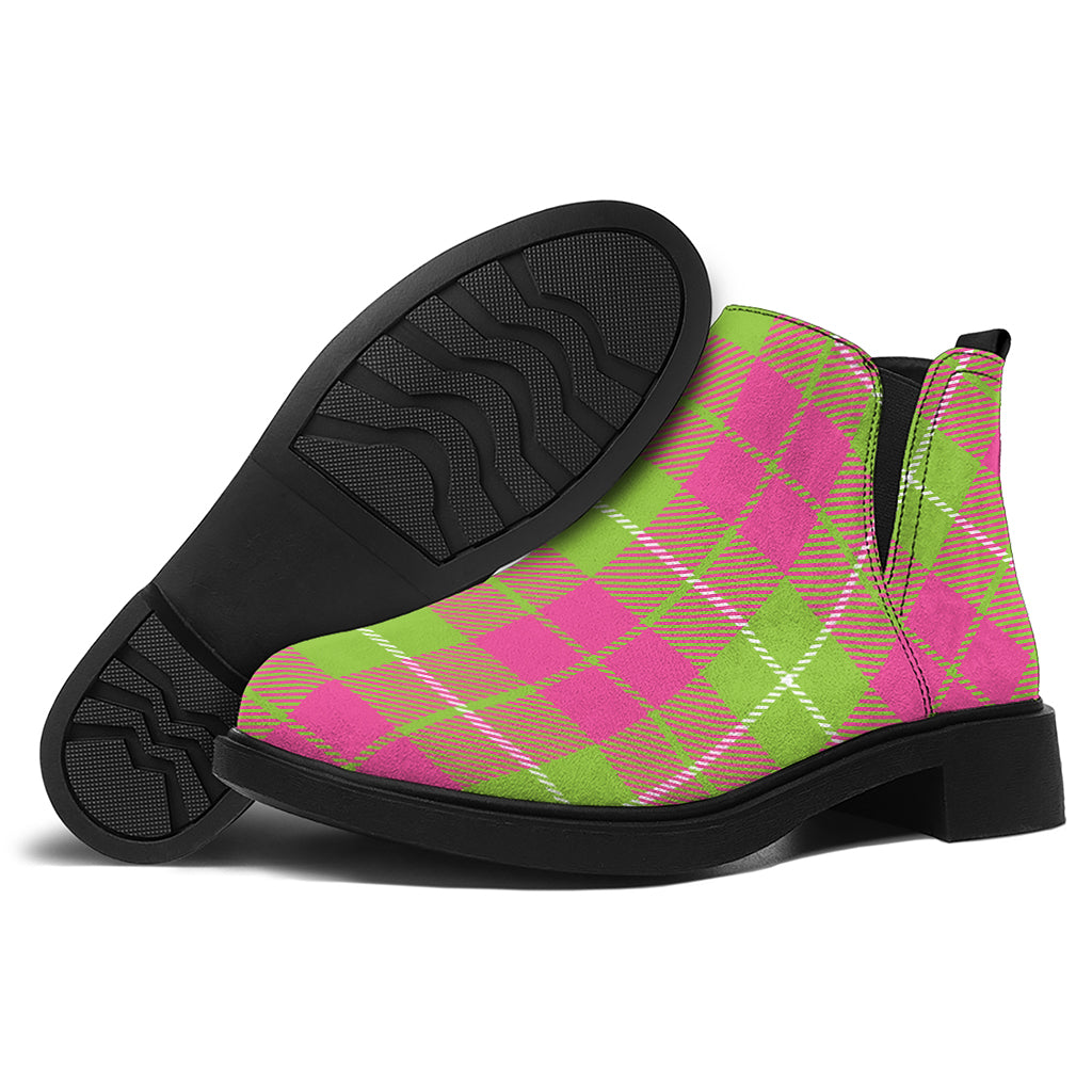 Pink Green And White Tartan Print Flat Ankle Boots