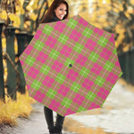 Pink Green And White Tartan Print Foldable Umbrella