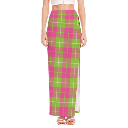 Pink Green And White Tartan Print High Slit Maxi Skirt