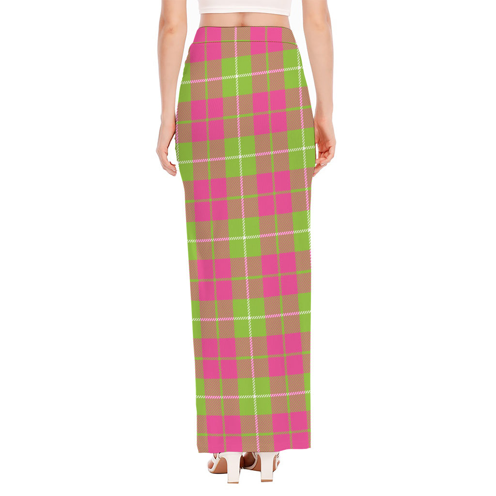 Pink Green And White Tartan Print High Slit Maxi Skirt