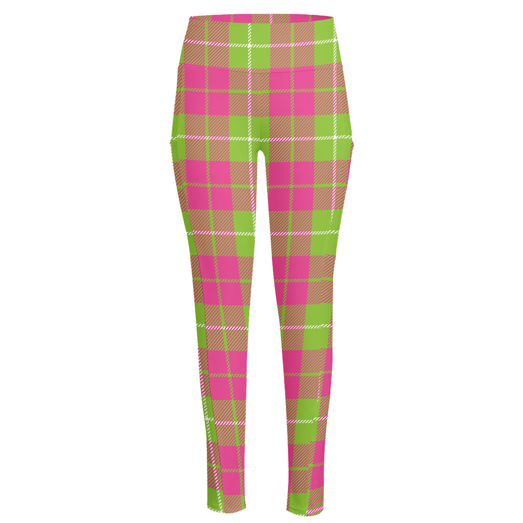 Pink Green And White Tartan Print High-Waisted Pocket Leggings