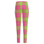 Pink Green And White Tartan Print High-Waisted Pocket Leggings